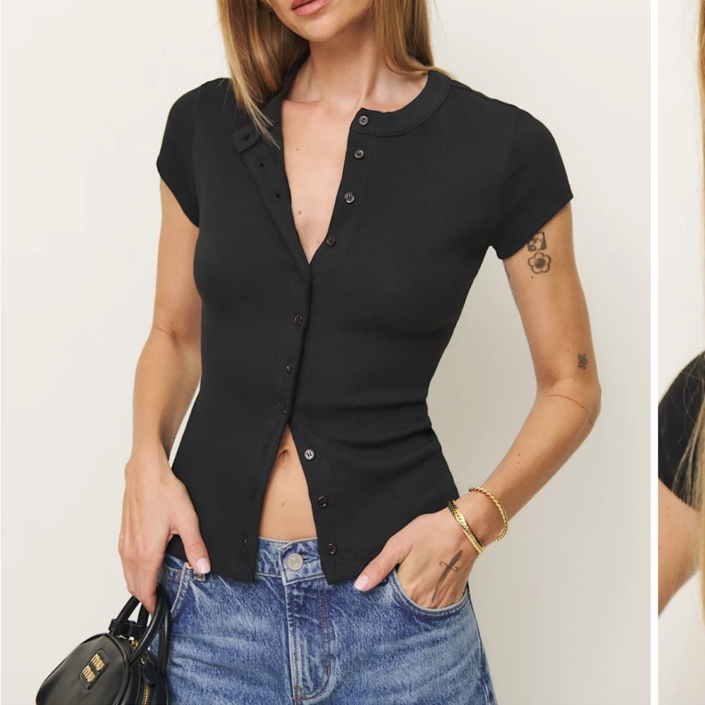 Reformation Black Short Sleeve Button Down Shirt
